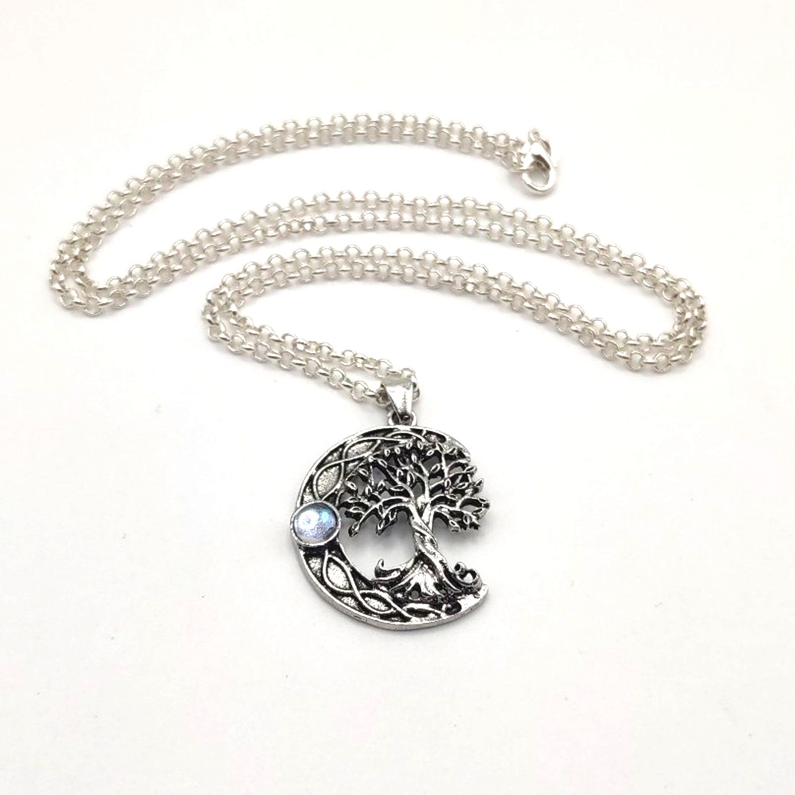 925 Silver Necklace W/ Tree Of Life & Moon Stone Pendant Birthday Gift New!!!